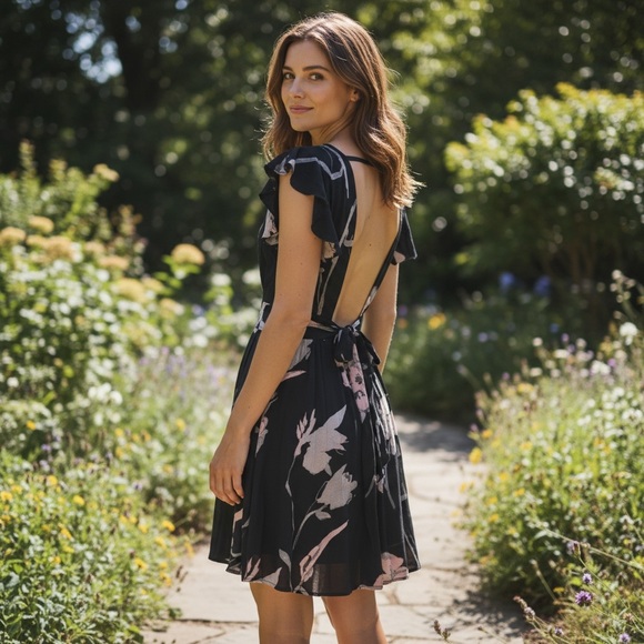 Maaji Dresses & Skirts - Maaji Floral V-Neck Backless Mini Dress Black Pink Ruffle Sleeve Size Medium